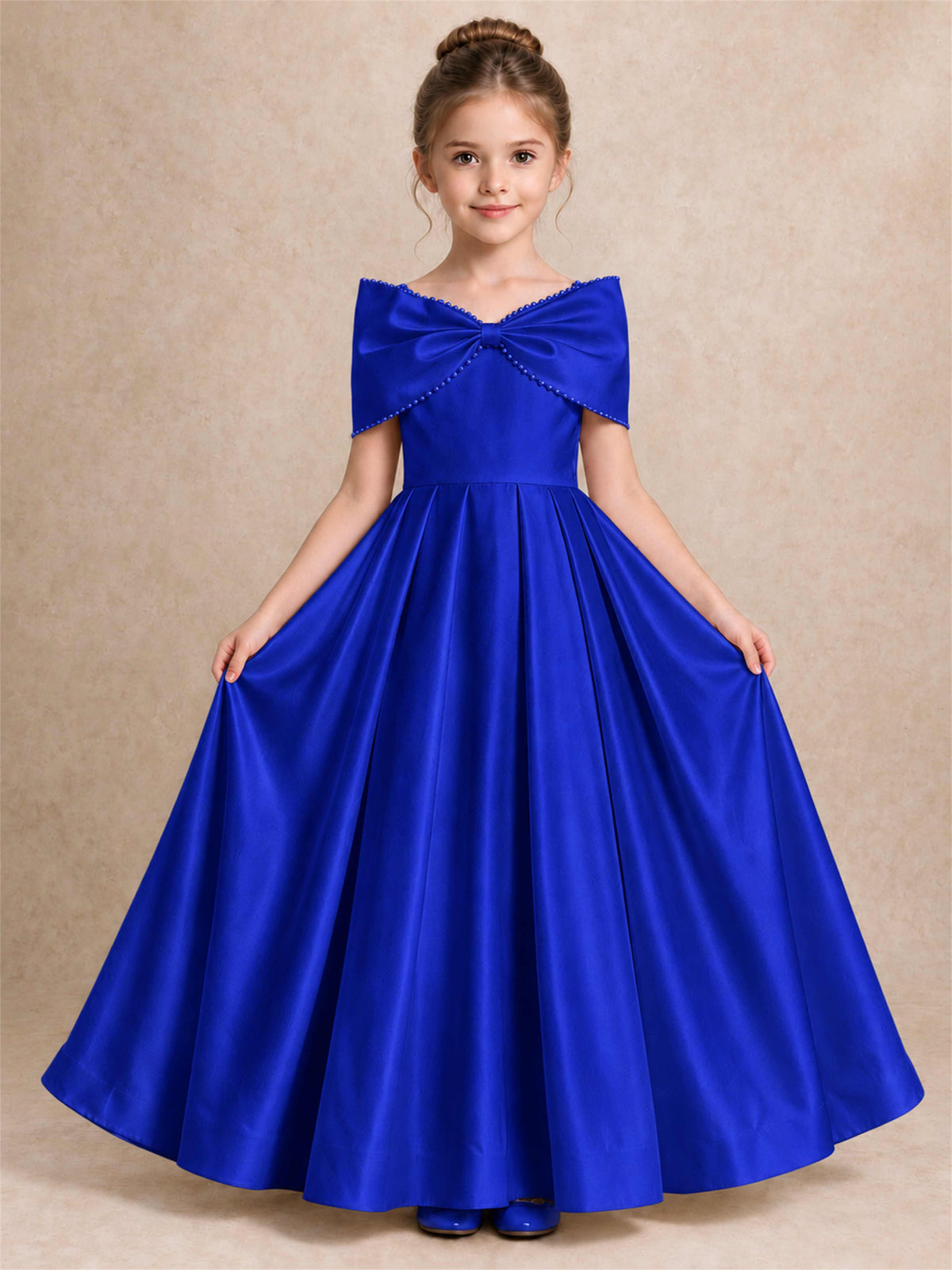 Off Shoulder Satin Flower Girl Dress Pearl Trim Big Bow Princess Gown for Wedding First Communion