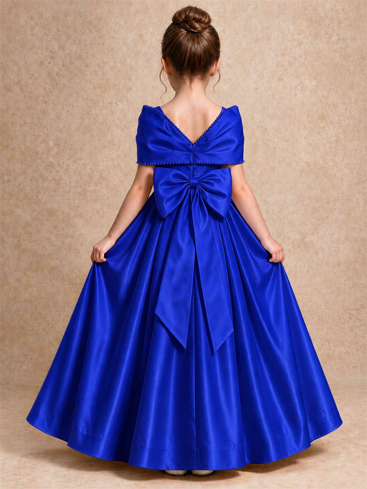 Off Shoulder Satin Flower Girl Dress Pearl Trim Big Bow Princess Gown for Wedding First Communion