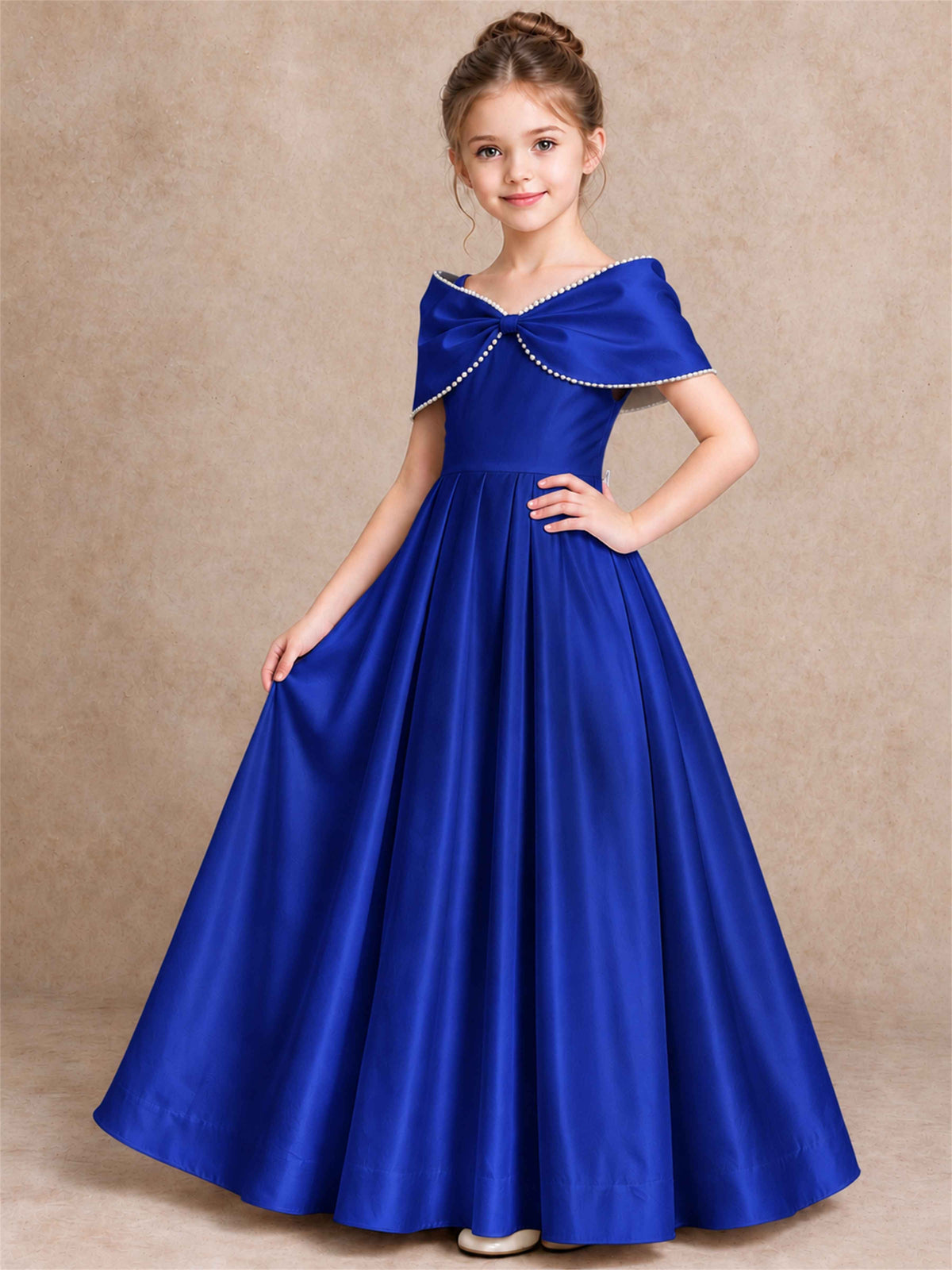 Off Shoulder Satin Flower Girl Dress Pearl Trim Big Bow Princess Gown for Wedding First Communion