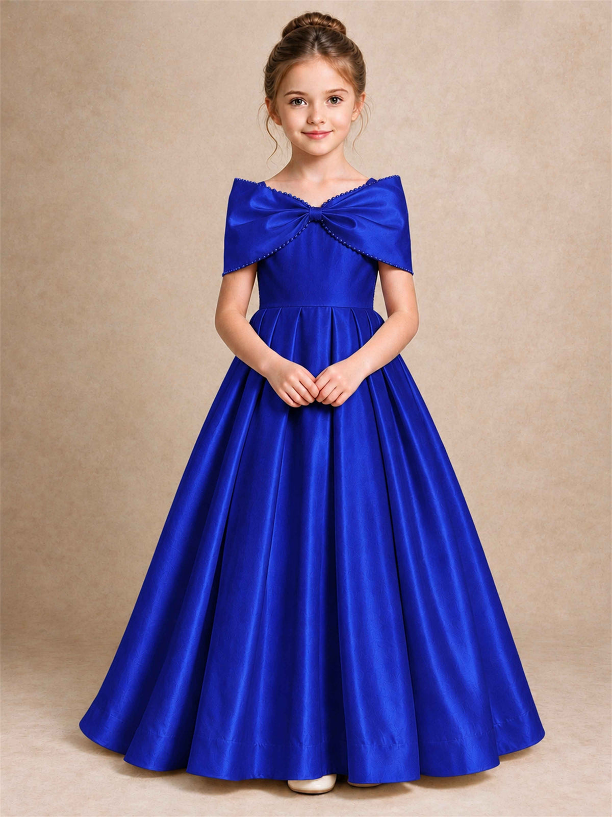 Off Shoulder Satin Flower Girl Dress Pearl Trim Big Bow Princess Gown for Wedding First Communion