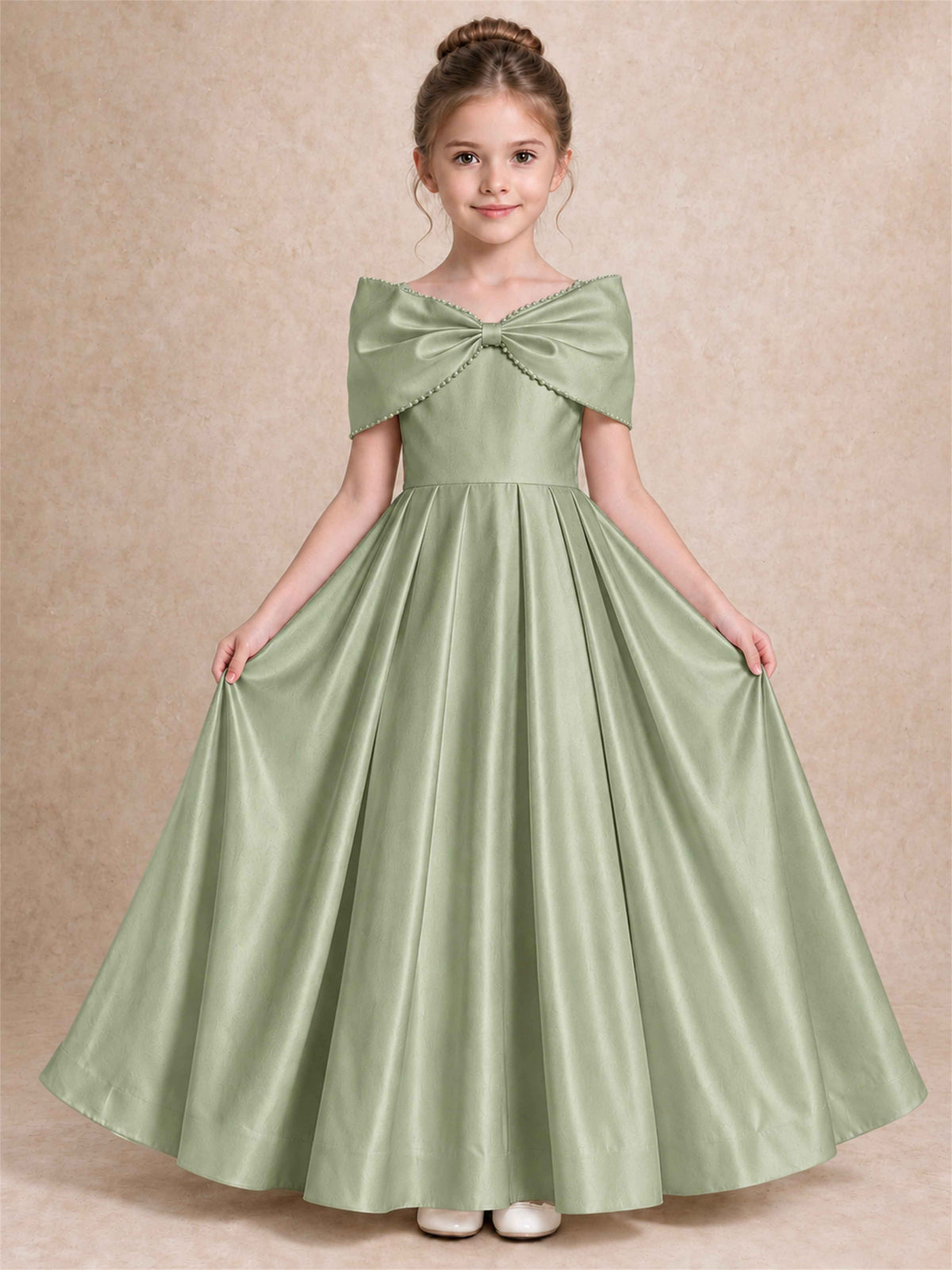 Off Shoulder Satin Flower Girl Dress Pearl Trim Big Bow Princess Gown for Wedding First Communion