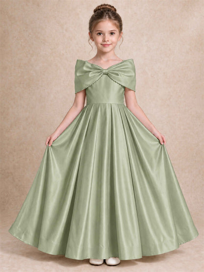 Off Shoulder Satin Flower Girl Dress Pearl Trim Big Bow Princess Gown for Wedding First Communion