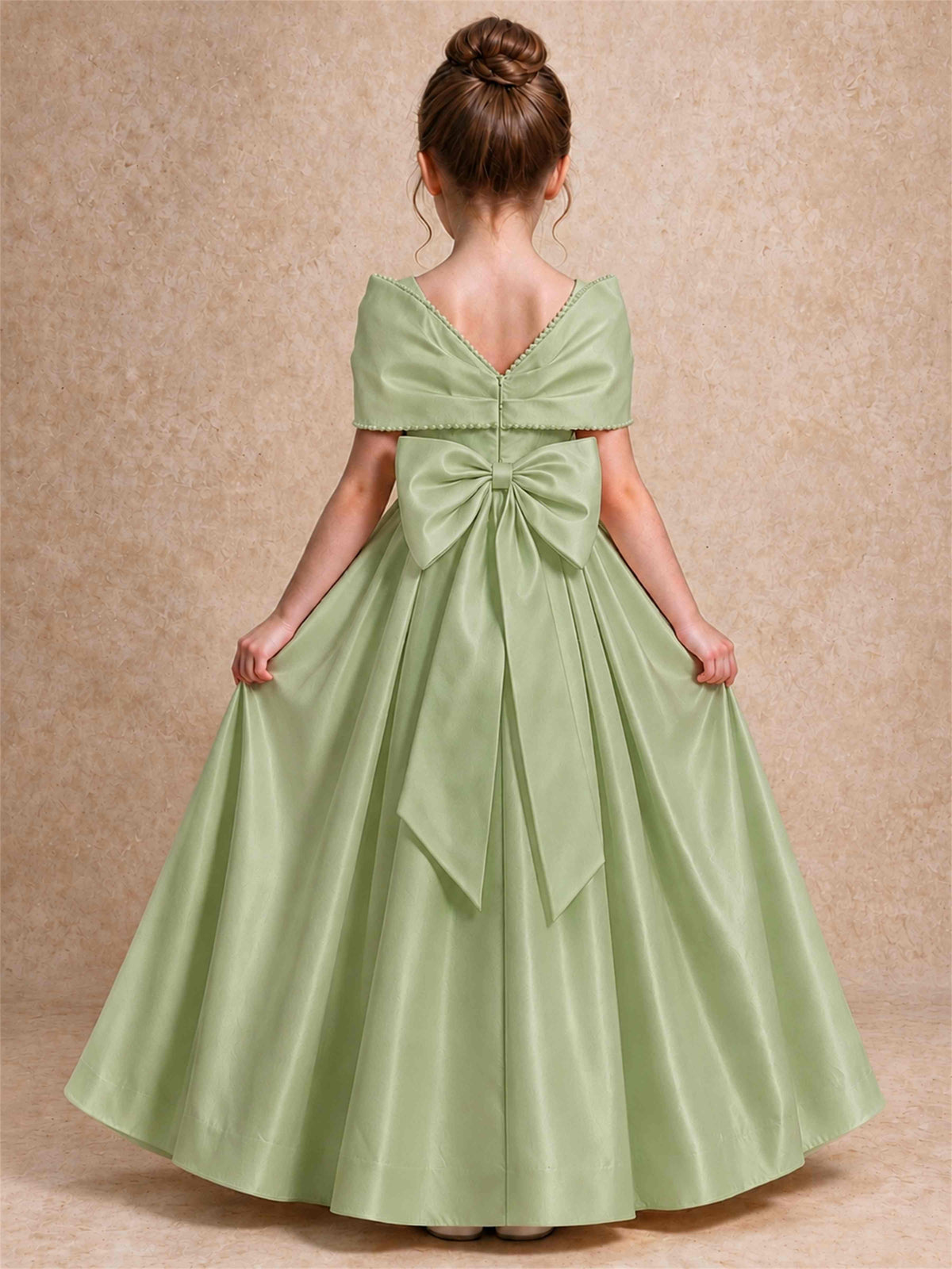 Off Shoulder Satin Flower Girl Dress Pearl Trim Big Bow Princess Gown for Wedding First Communion
