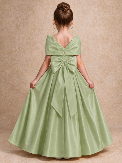 Off Shoulder Satin Flower Girl Dress Pearl Trim Big Bow Princess Gown for Wedding First Communion