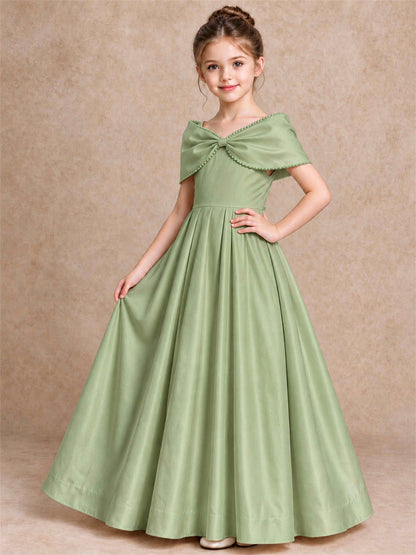 Off Shoulder Satin Flower Girl Dress Pearl Trim Big Bow Princess Gown for Wedding First Communion