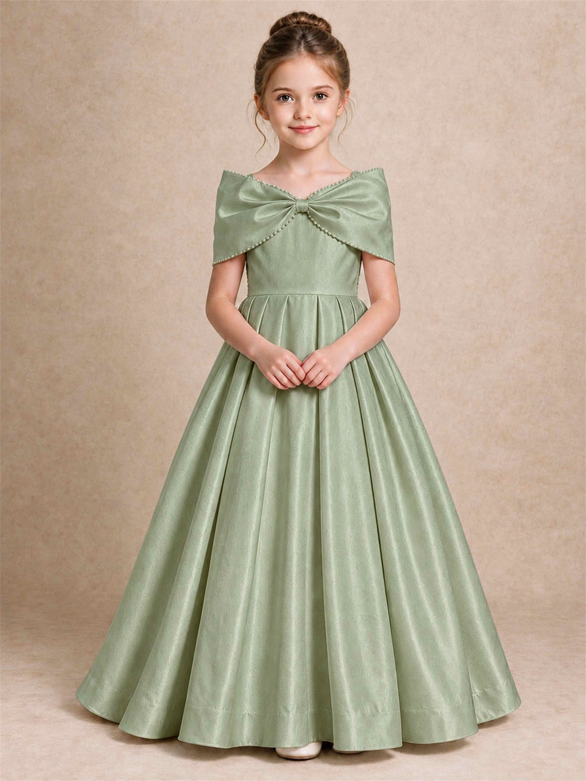 Off Shoulder Satin Flower Girl Dress Pearl Trim Big Bow Princess Gown for Wedding First Communion