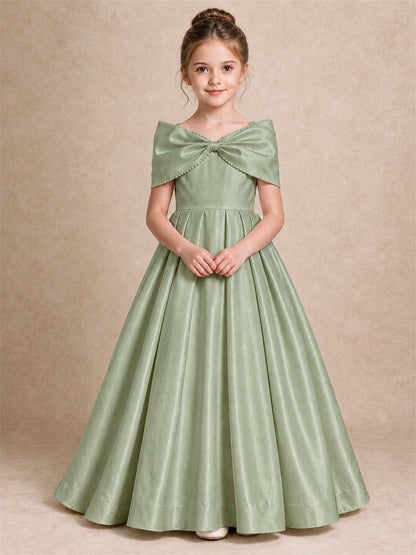 Off Shoulder Satin Flower Girl Dress Pearl Trim Big Bow Princess Gown for Wedding First Communion
