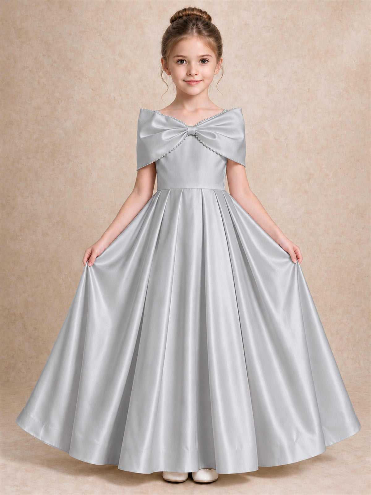 Off Shoulder Satin Flower Girl Dress Pearl Trim Big Bow Princess Gown for Wedding First Communion