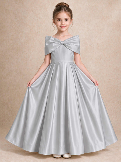 Off Shoulder Satin Flower Girl Dress Pearl Trim Big Bow Princess Gown for Wedding First Communion
