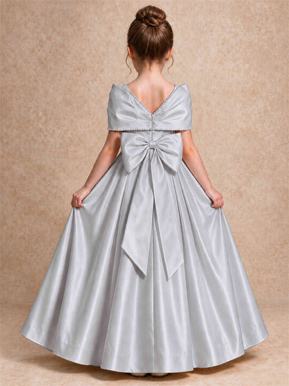 Off Shoulder Satin Flower Girl Dress Pearl Trim Big Bow Princess Gown for Wedding First Communion