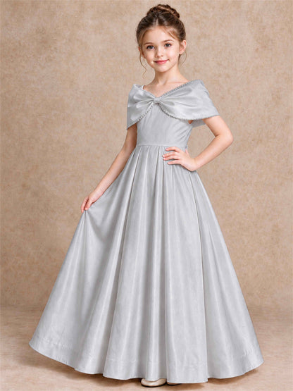 Off Shoulder Satin Flower Girl Dress Pearl Trim Big Bow Princess Gown for Wedding First Communion