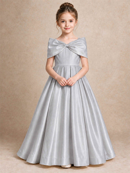 Off Shoulder Satin Flower Girl Dress Pearl Trim Big Bow Princess Gown for Wedding First Communion