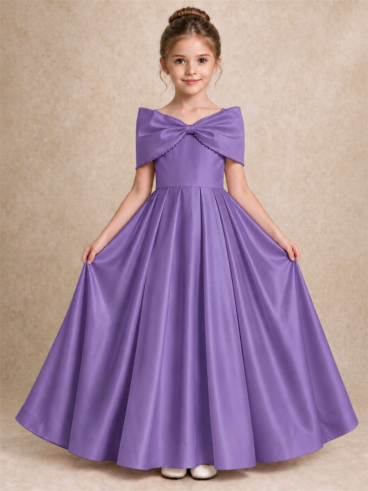 Off Shoulder Satin Flower Girl Dress Pearl Trim Big Bow Princess Gown for Wedding First Communion