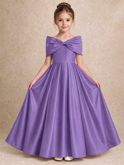 Off Shoulder Satin Flower Girl Dress Pearl Trim Big Bow Princess Gown for Wedding First Communion