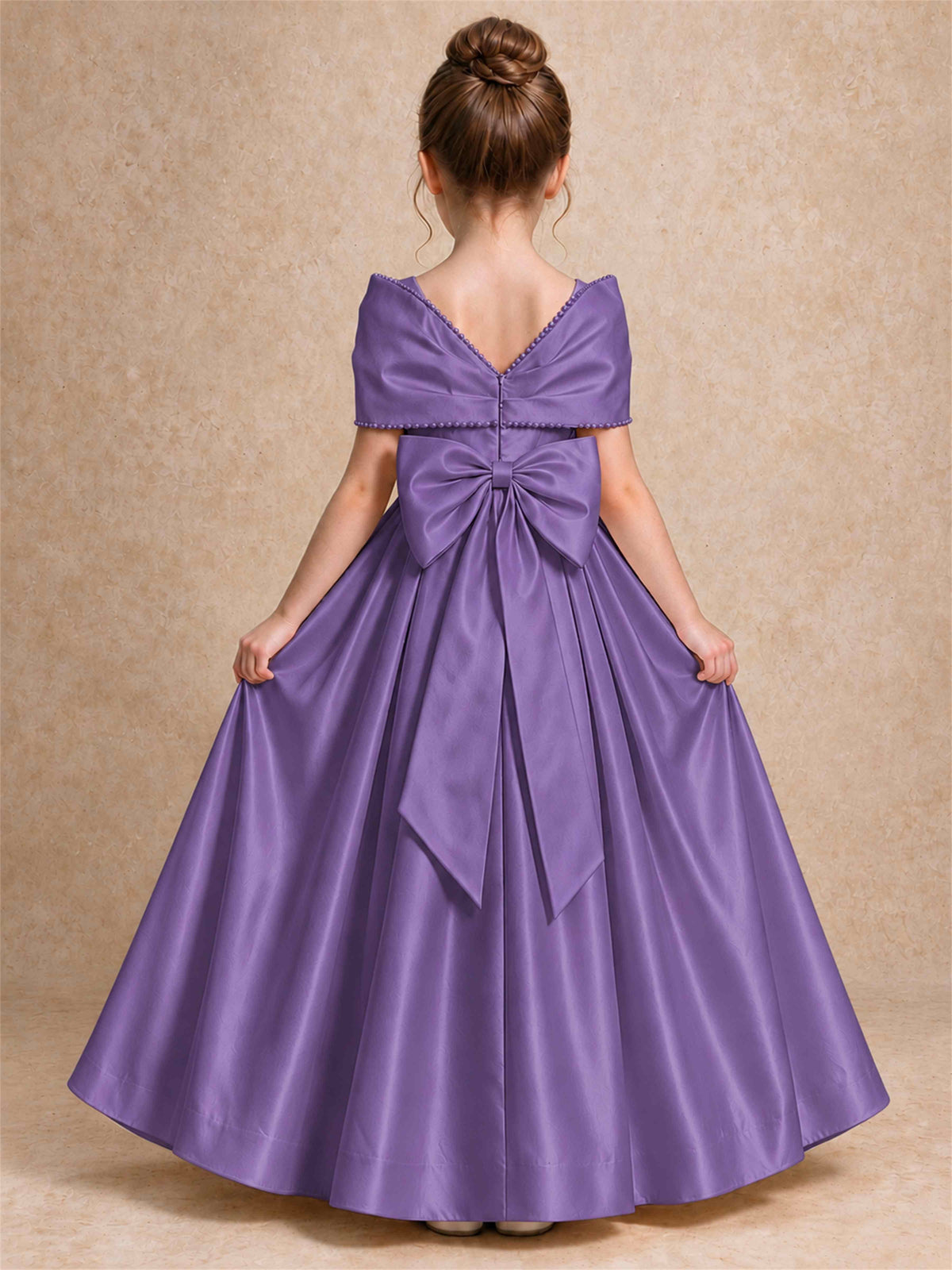 Off Shoulder Satin Flower Girl Dress Pearl Trim Big Bow Princess Gown for Wedding First Communion