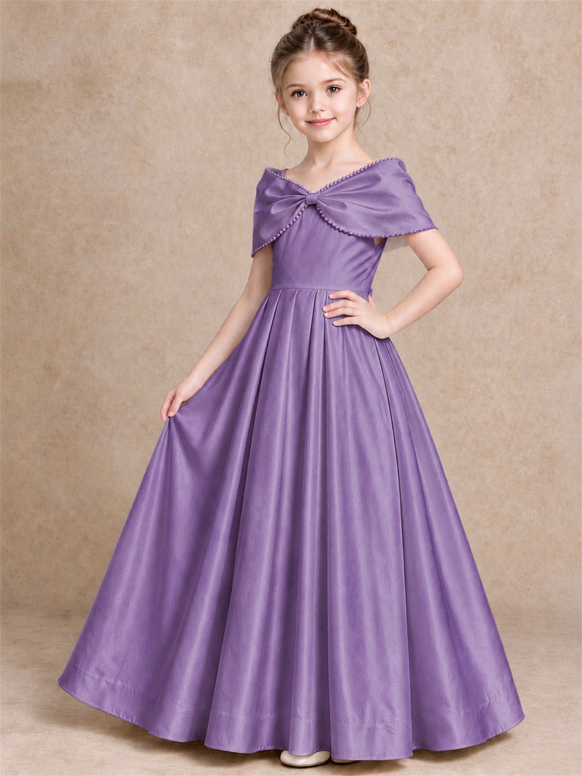 Off Shoulder Satin Flower Girl Dress Pearl Trim Big Bow Princess Gown for Wedding First Communion