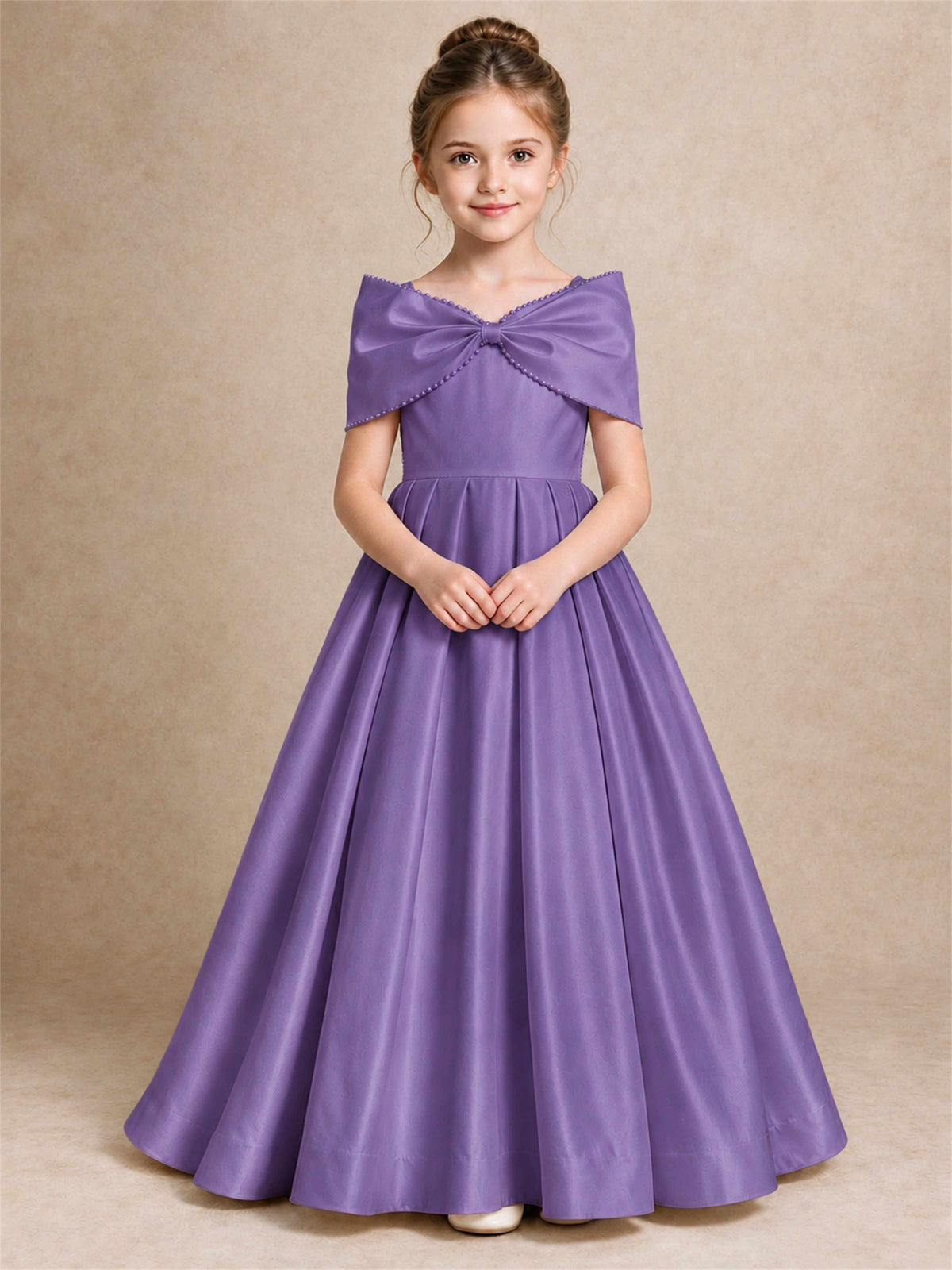 Off Shoulder Satin Flower Girl Dress Pearl Trim Big Bow Princess Gown for Wedding First Communion