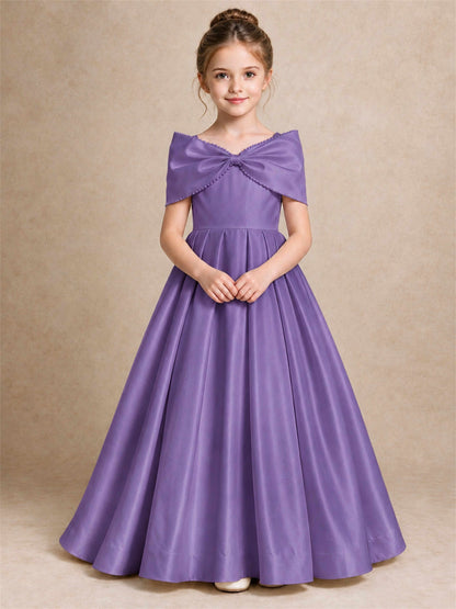 Off Shoulder Satin Flower Girl Dress Pearl Trim Big Bow Princess Gown for Wedding First Communion