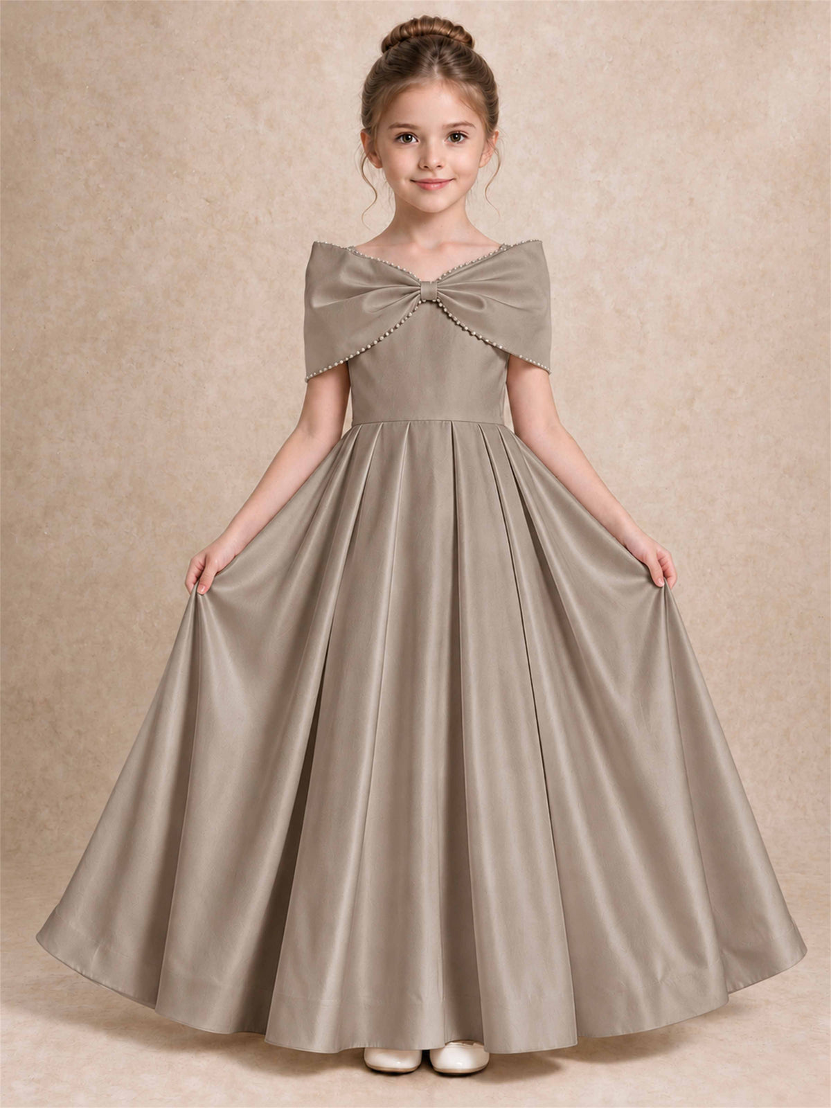 Off Shoulder Satin Flower Girl Dress Pearl Trim Big Bow Princess Gown for Wedding First Communion