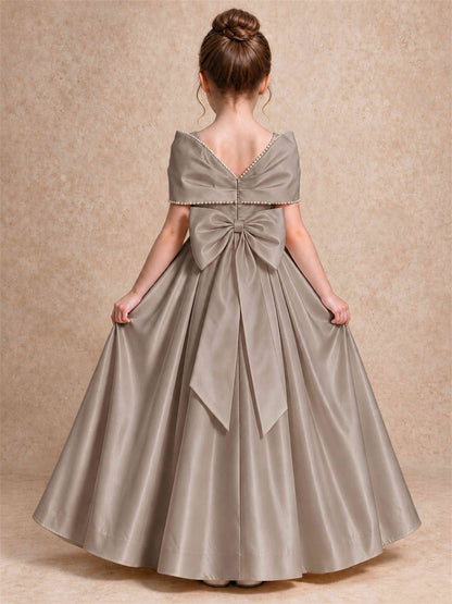 Off Shoulder Satin Flower Girl Dress Pearl Trim Big Bow Princess Gown for Wedding First Communion