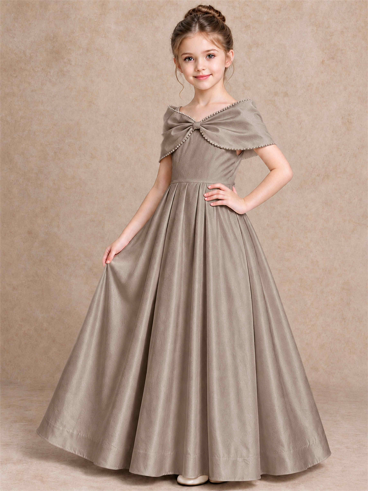 Off Shoulder Satin Flower Girl Dress Pearl Trim Big Bow Princess Gown for Wedding First Communion