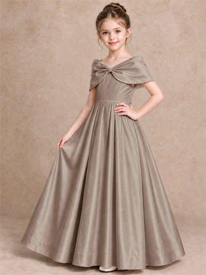Off Shoulder Satin Flower Girl Dress Pearl Trim Big Bow Princess Gown for Wedding First Communion