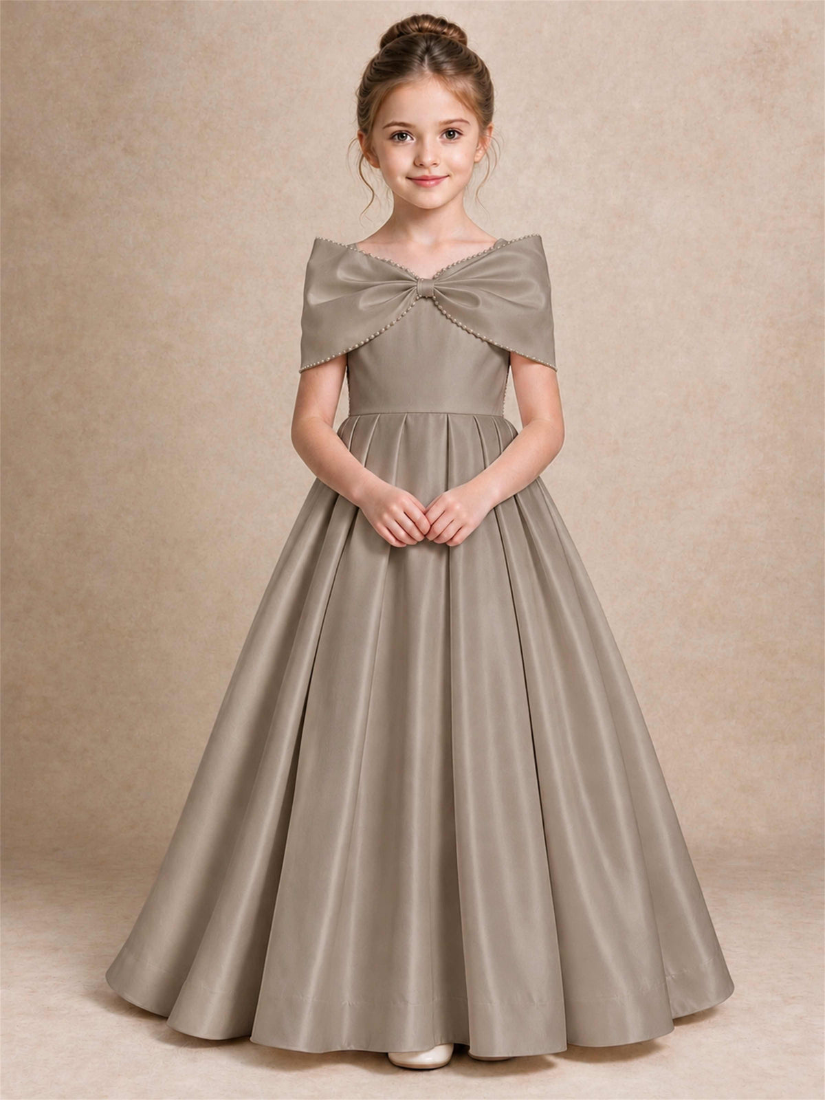 Off Shoulder Satin Flower Girl Dress Pearl Trim Big Bow Princess Gown for Wedding First Communion
