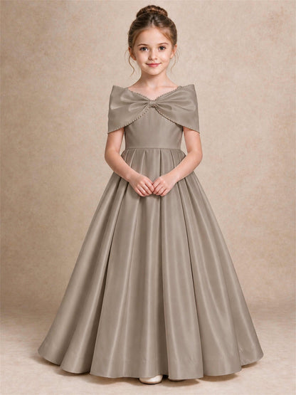 Off Shoulder Satin Flower Girl Dress Pearl Trim Big Bow Princess Gown for Wedding First Communion
