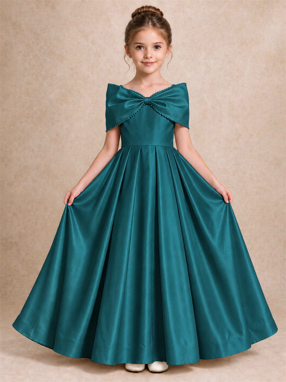 Off Shoulder Satin Flower Girl Dress Pearl Trim Big Bow Princess Gown for Wedding First Communion