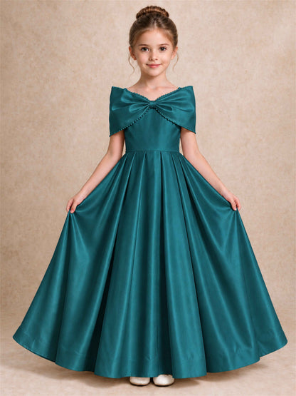 Off Shoulder Satin Flower Girl Dress Pearl Trim Big Bow Princess Gown for Wedding First Communion