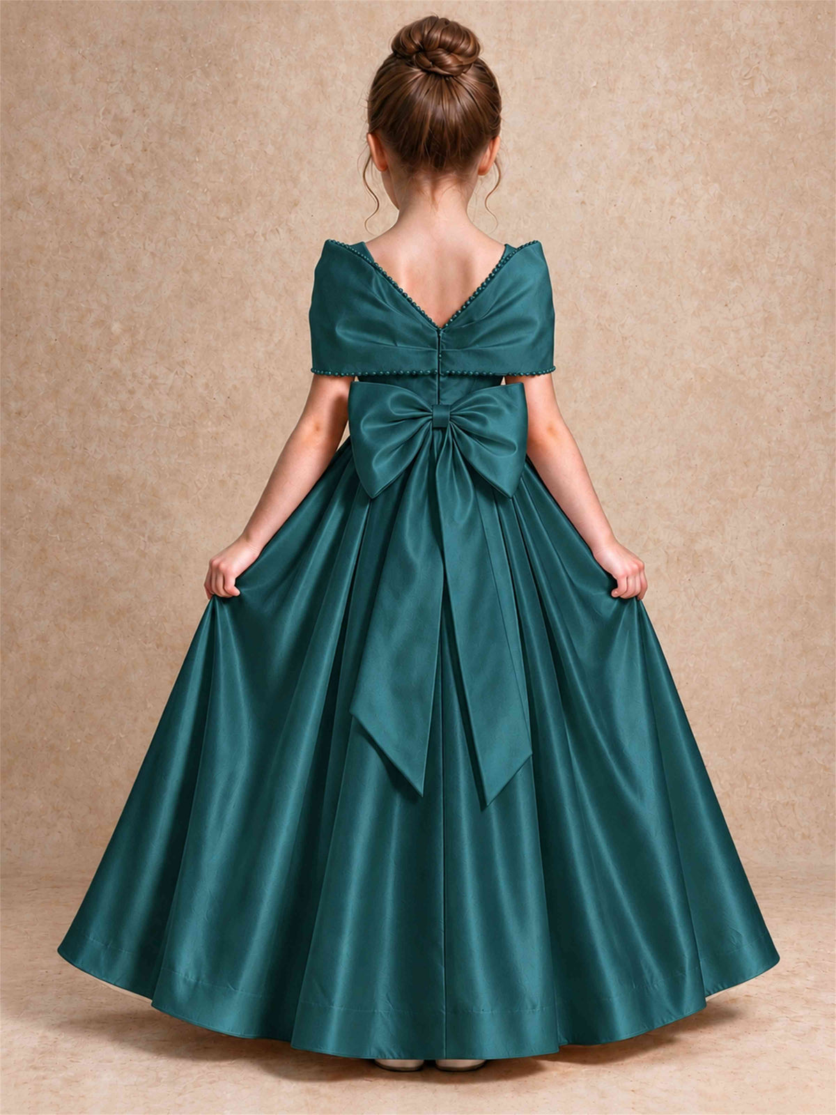 Off Shoulder Satin Flower Girl Dress Pearl Trim Big Bow Princess Gown for Wedding First Communion