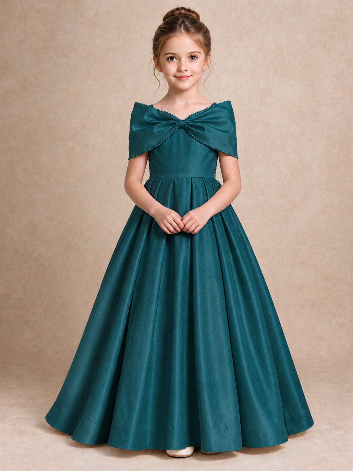 Off Shoulder Satin Flower Girl Dress Pearl Trim Big Bow Princess Gown for Wedding First Communion