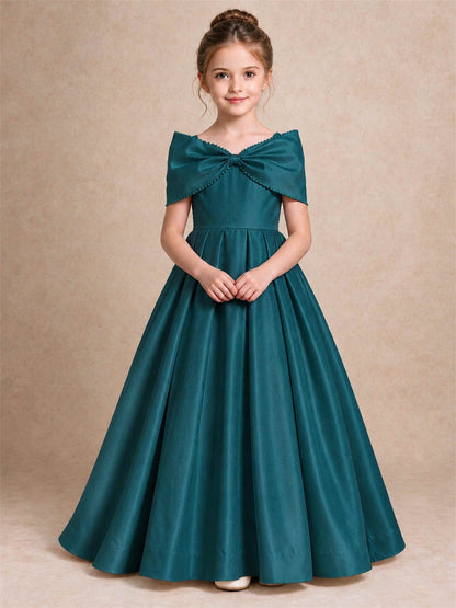 Off Shoulder Satin Flower Girl Dress Pearl Trim Big Bow Princess Gown for Wedding First Communion