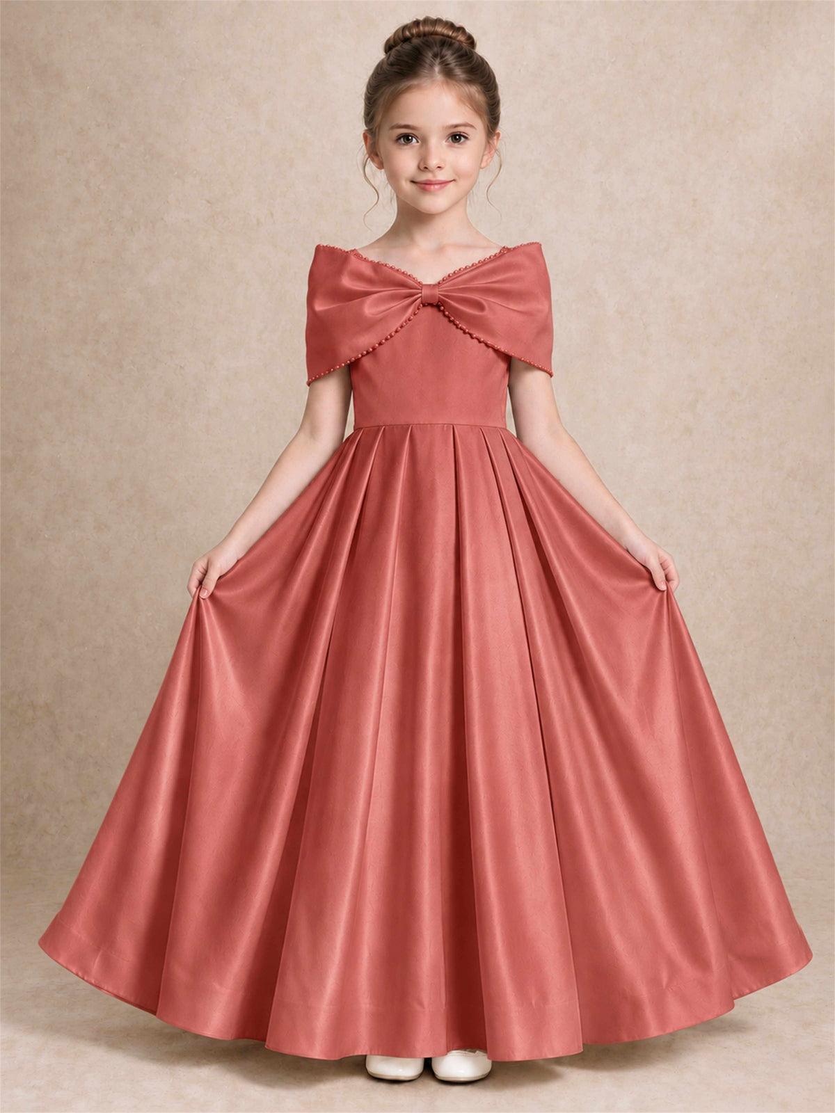 Off Shoulder Satin Flower Girl Dress Pearl Trim Big Bow Princess Gown for Wedding First Communion