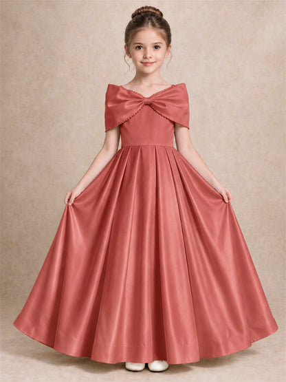Off Shoulder Satin Flower Girl Dress Pearl Trim Big Bow Princess Gown for Wedding First Communion