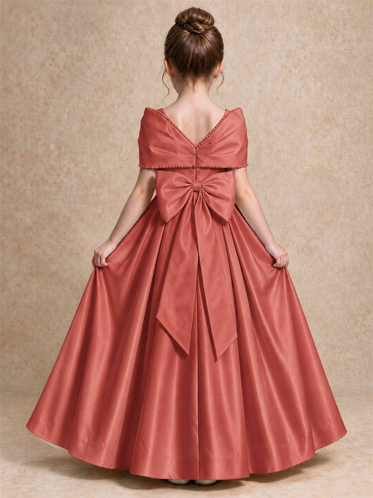 Off Shoulder Satin Flower Girl Dress Pearl Trim Big Bow Princess Gown for Wedding First Communion