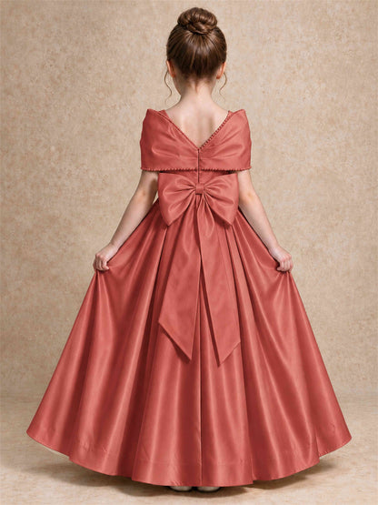 Off Shoulder Satin Flower Girl Dress Pearl Trim Big Bow Princess Gown for Wedding First Communion