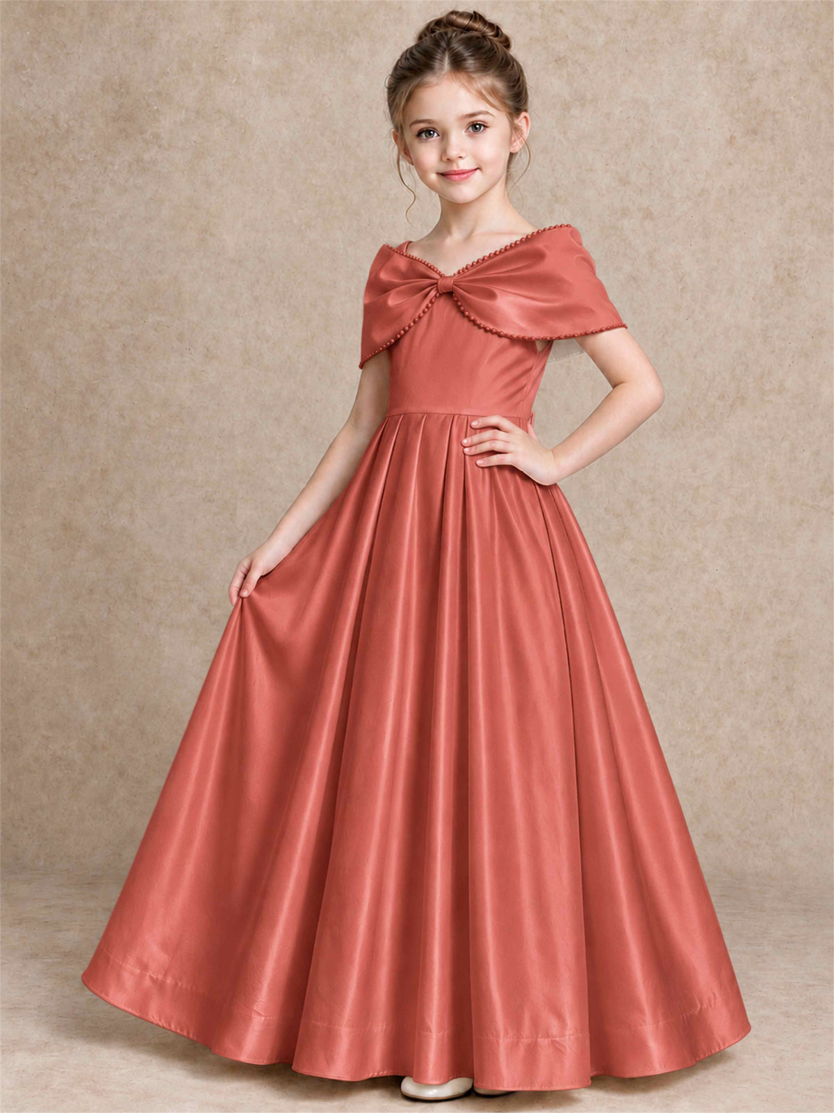 Off Shoulder Satin Flower Girl Dress Pearl Trim Big Bow Princess Gown for Wedding First Communion