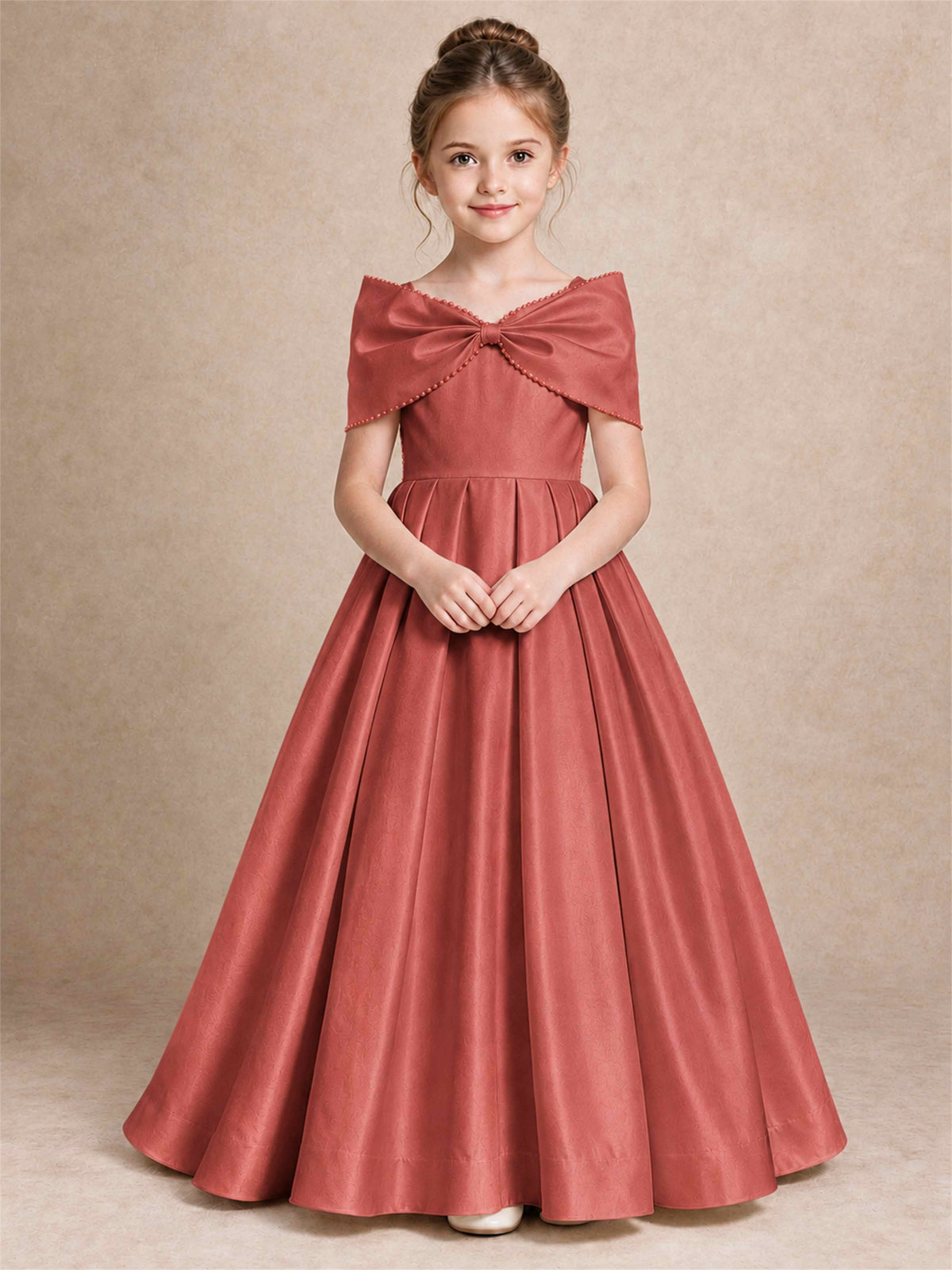 Off Shoulder Satin Flower Girl Dress Pearl Trim Big Bow Princess Gown for Wedding First Communion