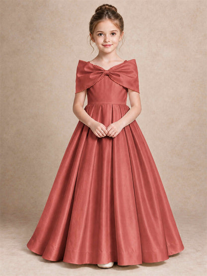 Off Shoulder Satin Flower Girl Dress Pearl Trim Big Bow Princess Gown for Wedding First Communion