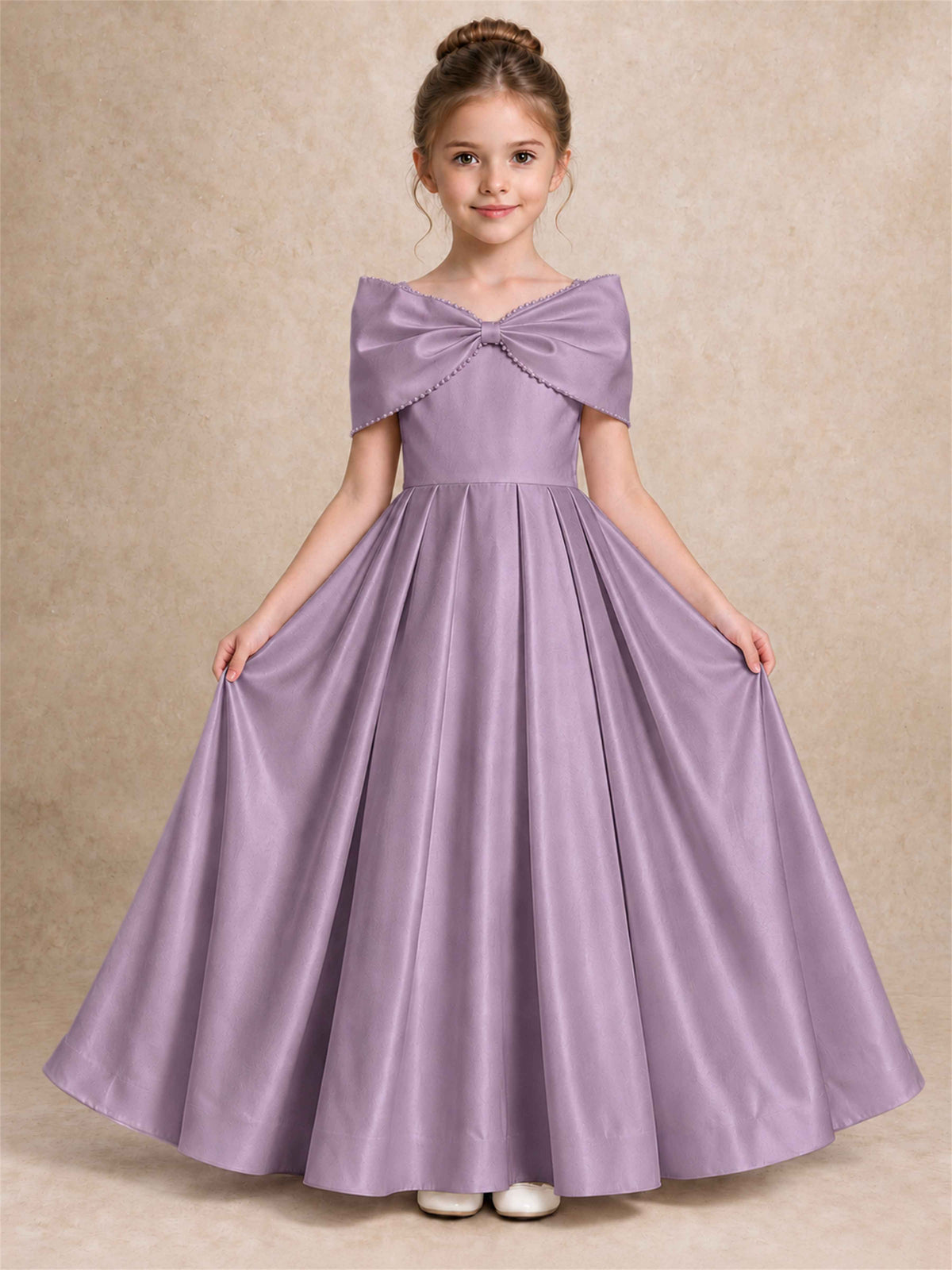 Off Shoulder Satin Flower Girl Dress Pearl Trim Big Bow Princess Gown for Wedding First Communion