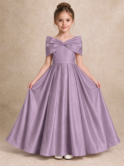 Off Shoulder Satin Flower Girl Dress Pearl Trim Big Bow Princess Gown for Wedding First Communion