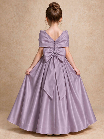 Off Shoulder Satin Flower Girl Dress Pearl Trim Big Bow Princess Gown for Wedding First Communion