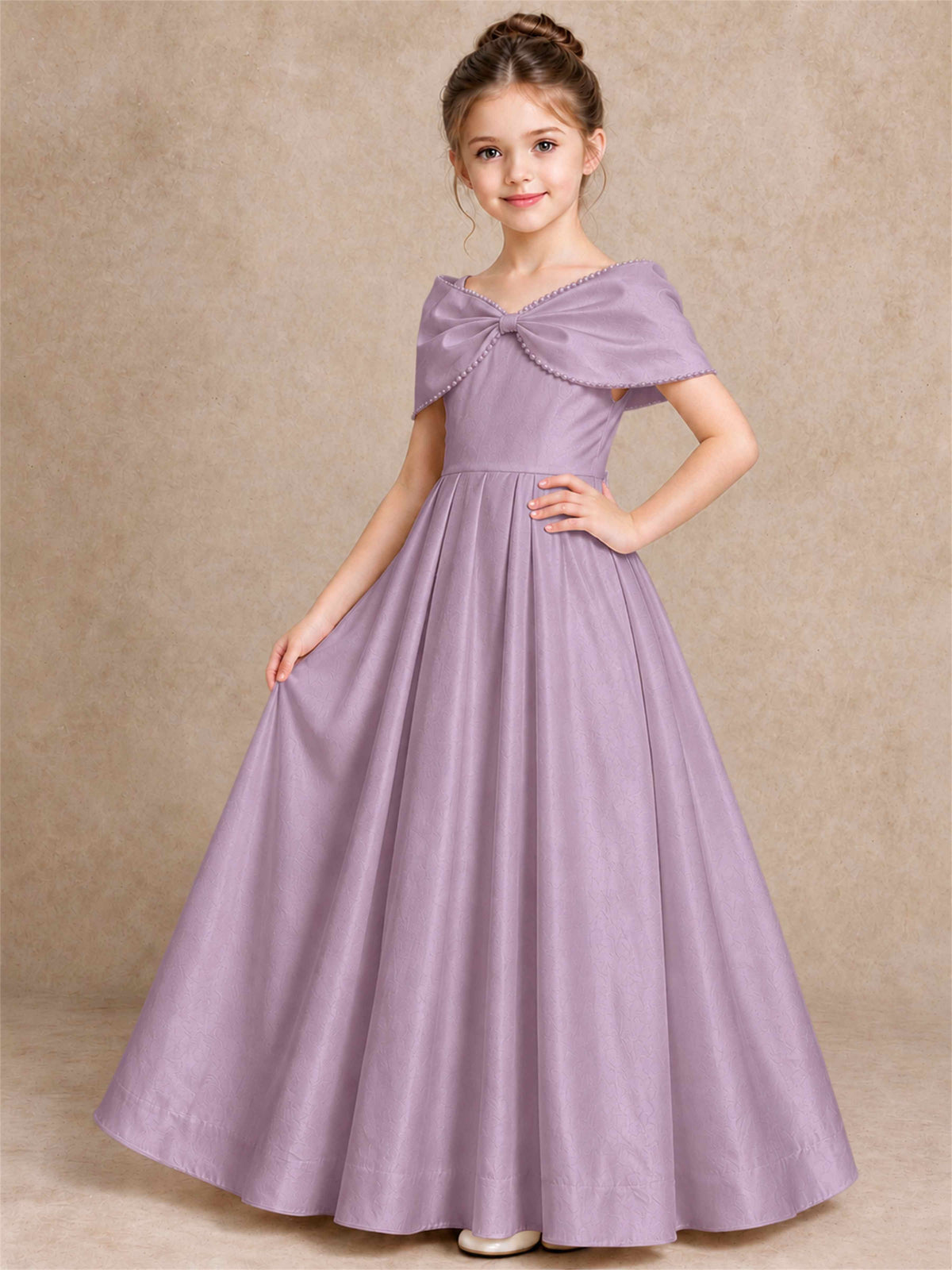 Off Shoulder Satin Flower Girl Dress Pearl Trim Big Bow Princess Gown for Wedding First Communion