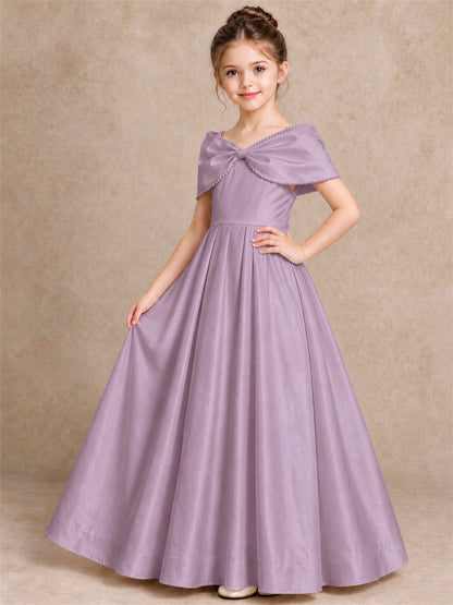 Off Shoulder Satin Flower Girl Dress Pearl Trim Big Bow Princess Gown for Wedding First Communion
