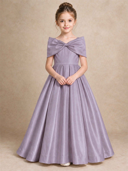 Off Shoulder Satin Flower Girl Dress Pearl Trim Big Bow Princess Gown for Wedding First Communion