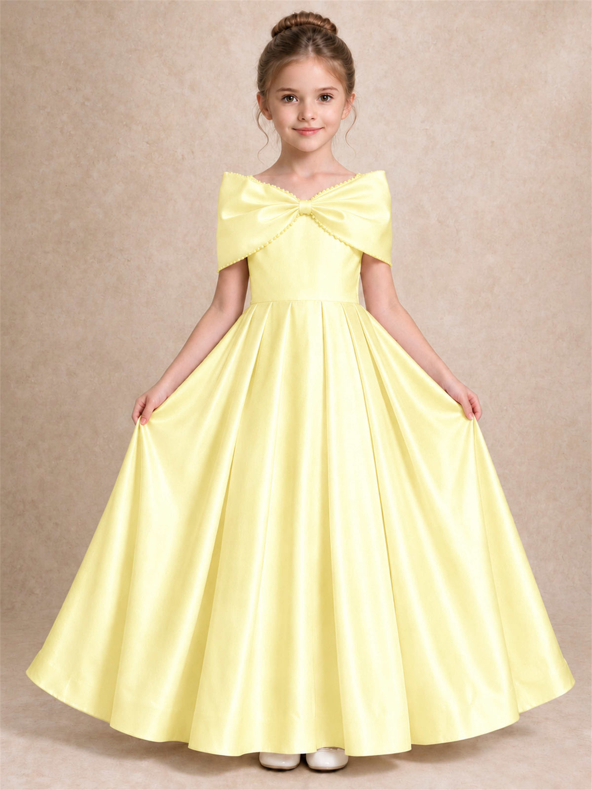 Off Shoulder Satin Flower Girl Dress Pearl Trim Big Bow Princess Gown for Wedding First Communion