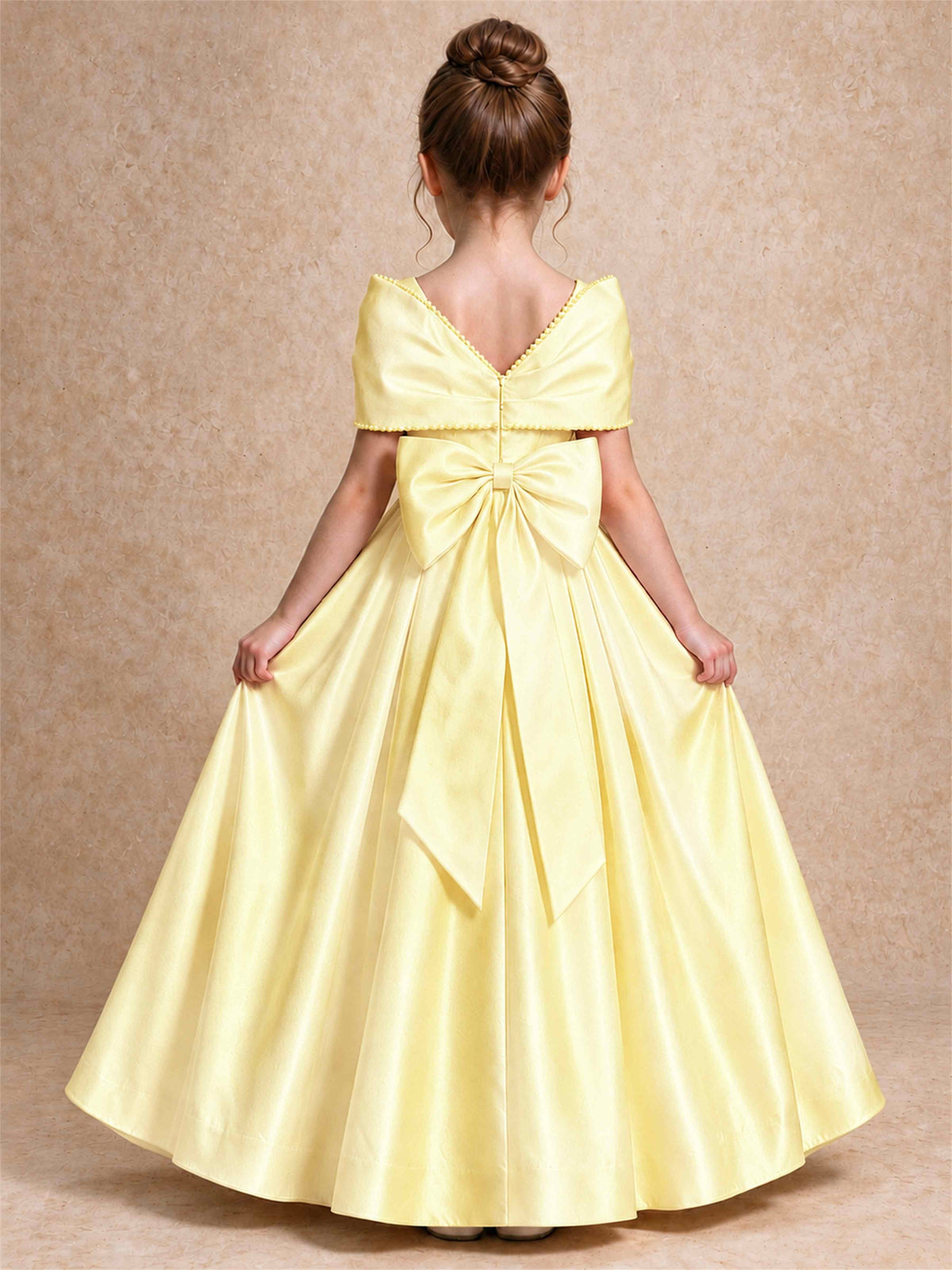 Off Shoulder Satin Flower Girl Dress Pearl Trim Big Bow Princess Gown for Wedding First Communion