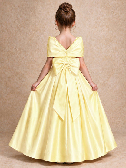 Off Shoulder Satin Flower Girl Dress Pearl Trim Big Bow Princess Gown for Wedding First Communion