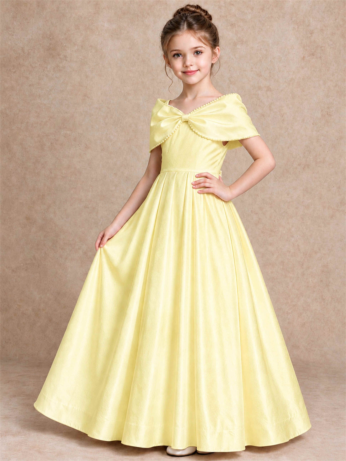 Off Shoulder Satin Flower Girl Dress Pearl Trim Big Bow Princess Gown for Wedding First Communion
